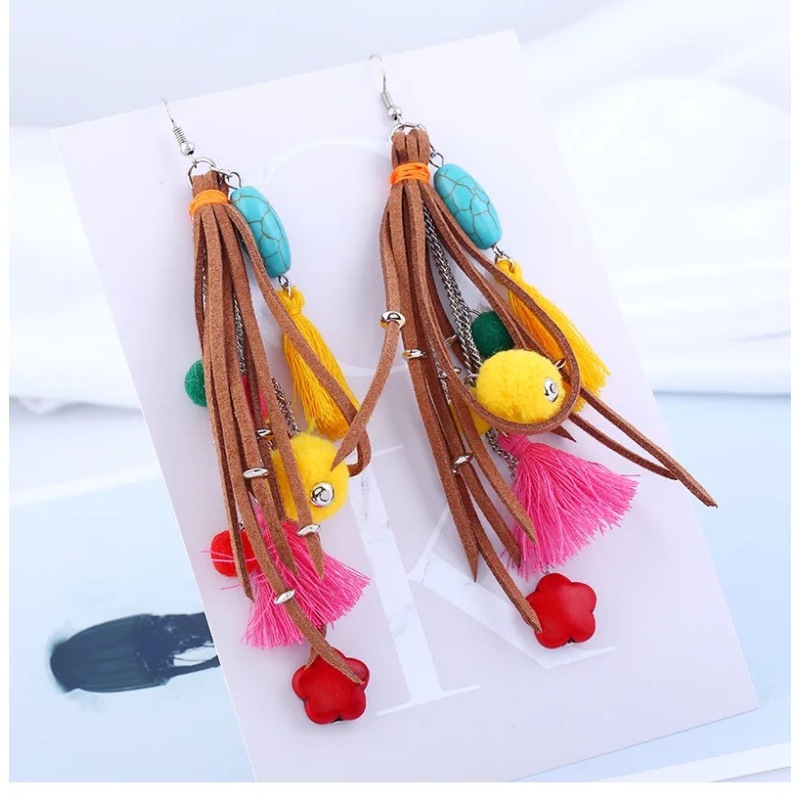 amazon ins custom fashion Boho style long suede leather colorful statement leather tassel earrings amazon ins custom fashion Boho style long suede leather colorful statement leather tassel earrings