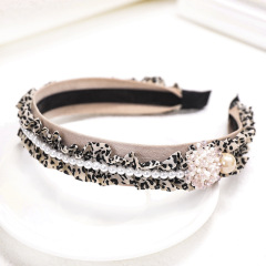 Vintage fashion liked leopard pleated fabric women girls pearl hairbands