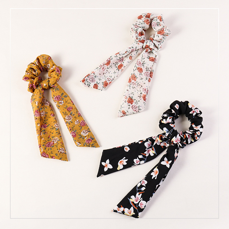 Retro style customized girls ponytail printed elastic knotted hair ties