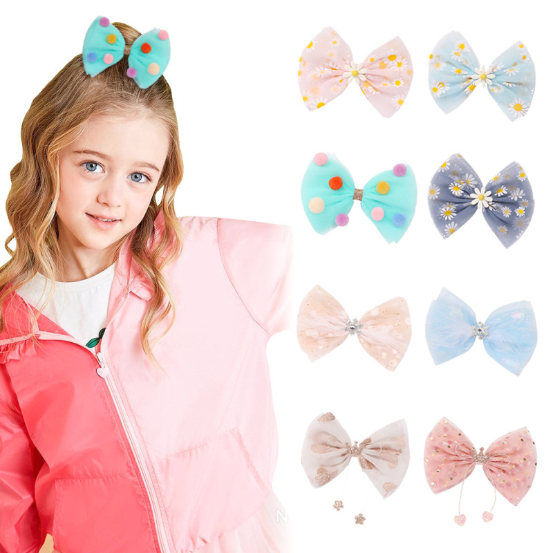 Wholesale baby girls hair accessories daisy children's mesh crown bow hair clips Wholesale baby girls hair accessories daisy children's mesh crown bow hair clips