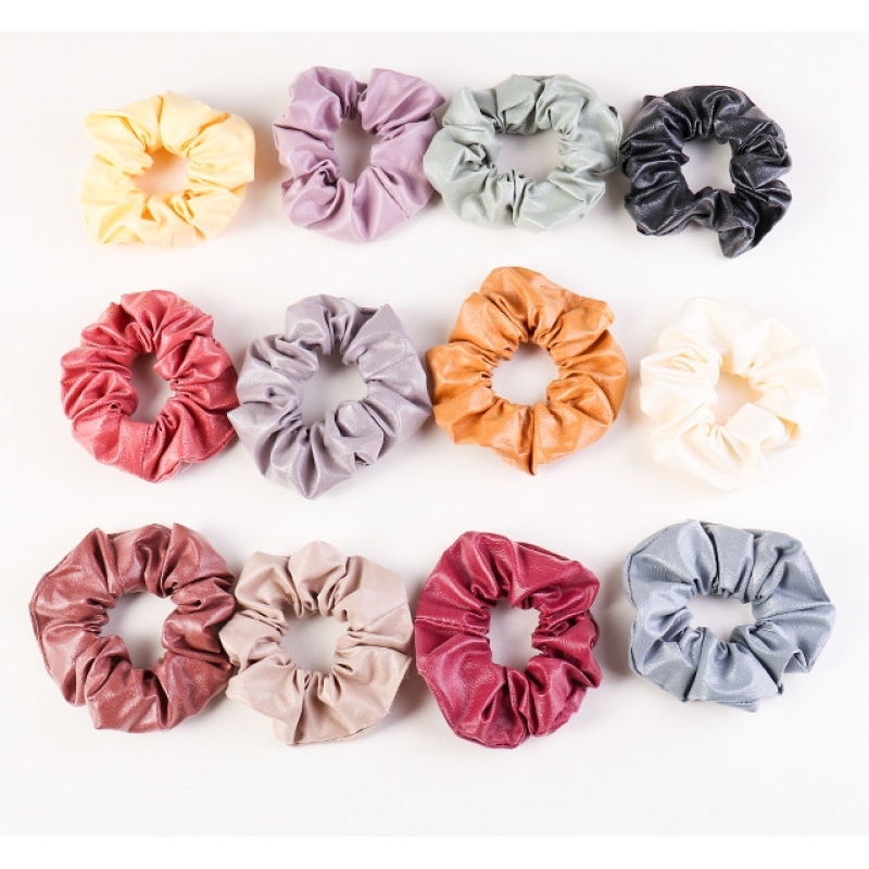 AliExpress Amazon hot sale new pure color girls PU leather hair scrunchies