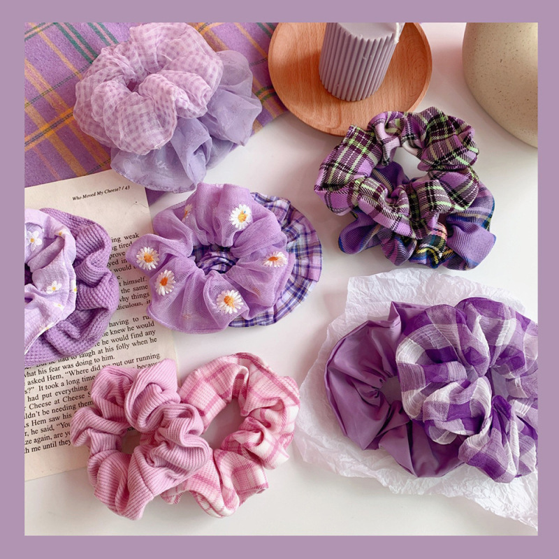 Wholesale ins popular flower lattice purple organza stain scrunchies for hair Wholesale ins popular flower lattice purple organza stain scrunchies for hair