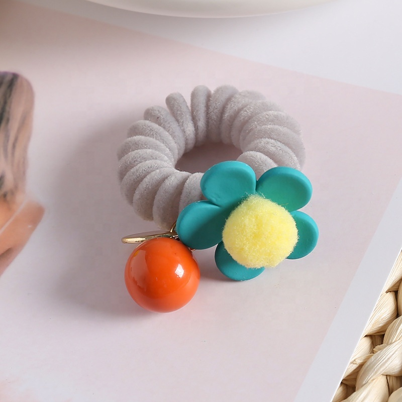 South korea autumn and winter cute flower hair rope new plush telephone wire hair ties with bead