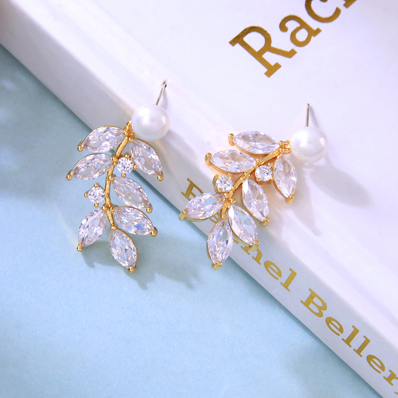 Wholesale zircon women leaf pearl copper rhinestone crystal bridal earrings