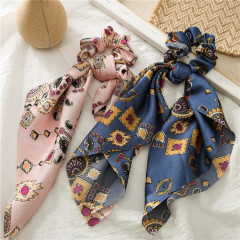 ins amazon fancy fabric women girl long bow elastic printing colors satin scrunchies hair tie with tassel