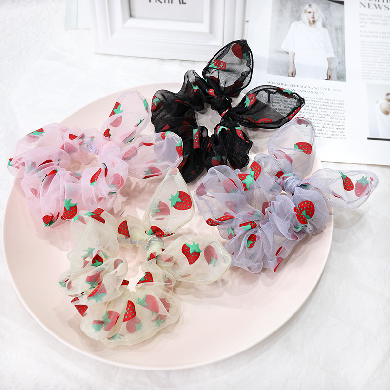 Summer hot sale strawberry pattern yarn elastic rabbit ear hair scrunchies for girls  hair accessories