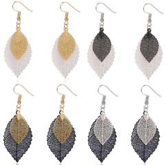 Amazon new explosion style retro golden simple design double hollow leaf earrings