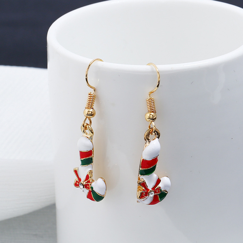 wholesale rhinestone alloy oil drip paint Christmas cane lady women hook earrings
