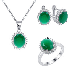 fashion amazon ins girl 925 silver oval women Jewelry set earring rings vintage emerald necklace