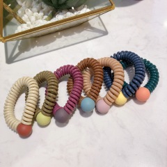 custom ins eco-friendly girl korean beads scrunchy elastic telephone cord spiraled hair ties for women