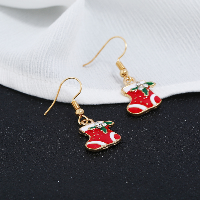 Trendy new rhinestone alloy oil drip paint christmas stocking women hook earrings Trendy new rhinestone alloy oil drip paint christmas stocking women hook earrings
