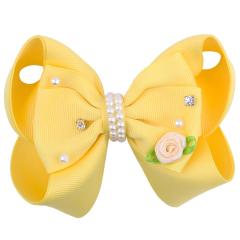 2020 New Arrived Grosgrain Ribbon Pearl Flower Bows Hair Clips For Kids