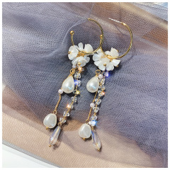 fashion jewelry women flower faux pearl crystal long tassel earrings for party or wedding