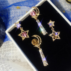 Factory sold directly cheap star moon rhinestone asymmetric earrings for women