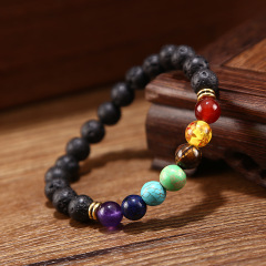 Colorful Natural Stone Yoga Valconic Healing Energy Lava Stone 7 Chakra Diffuser Beaded Bracelet