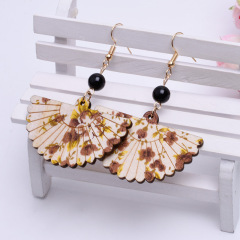 Korean temperament personality prendent pearl tassel wooden fan earrings for women
