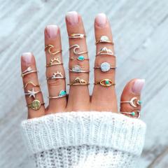 amazon ins fashion Women Bohemian Boho Vintage sun star 19pcs Knuckle stack Bullet Midi Finger Rings Full Ring Set