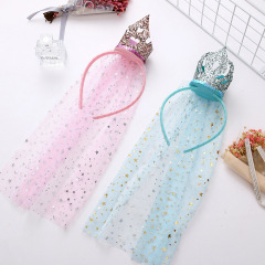 kids hair accessories guangzhou glitter lace veil hair pin princess crown hairband
