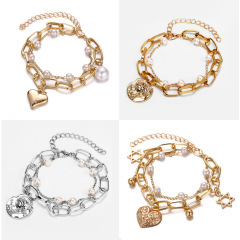 fashion Ins Amazon top sell Cheap women Jewelry alloy pearl heart Bangle multi double layer bracelet