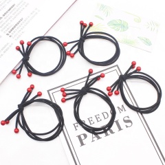 Manufacture hair tie high elastic three-line knotted red beads cherry colored head rope opp packaging hair ties
