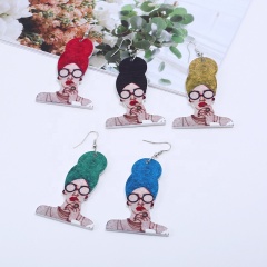 2020 new arrival fashion human head glasses girl geometric big round wooden earring