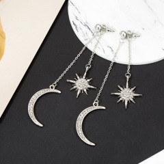 Fashion Crystal Rhinestone Star Moon Tassel Long Chain Dangle Ear Stud Earrings
