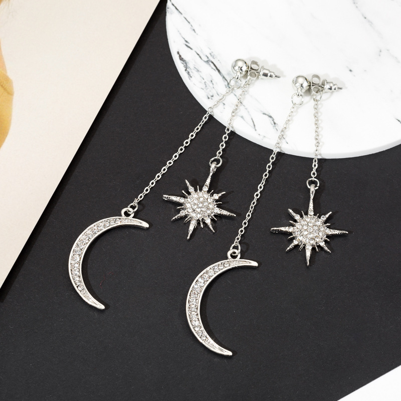 Fashion Crystal Rhinestone Star Moon Tassel Long Chain Dangle Ear Stud Earrings