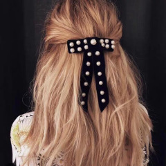 2020 Custom ins fancy fashion vintage lady black long scrunchy pearl bow hair clips clippers for women 2020 Custom ins fancy fashion vintage lady black long scrunchy pearl bow hair clips clippers for women