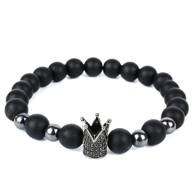 2020 New Arrival 8mm Black Natural Stones Rhinestone Men Crown Bead Bracelet For Gifts
