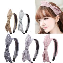 handmade trendy kid girls hair accessories pearls fabric bow headbands