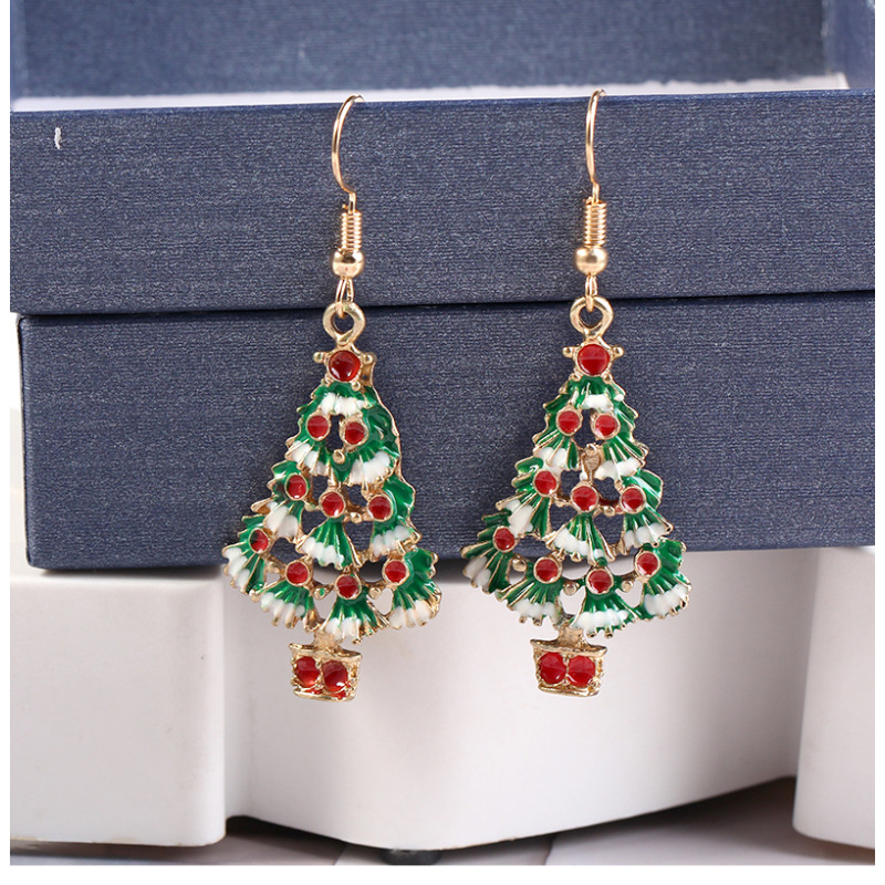 Custom trendy small wholesale women hook oil drip paint alloy christmas tree earrings Custom trendy small wholesale women hook oil drip paint alloy christmas tree earrings