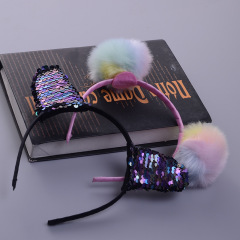 Wholesale ins winter Christmas Hoop Party Reflective Accessories fuzzy ball sequin girl ear kids hair band