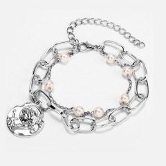 fashion Ins Amazon top sell Cheap women Jewelry alloy pearl heart Bangle multi double layer bracelet