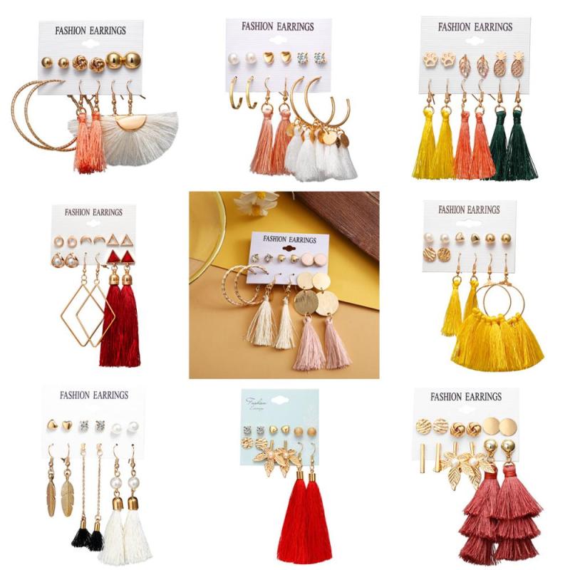 vintage ins Bohemian long earring set Charm thread yellow drop Acrylic tassel Earring vintage ins Bohemian long earring set Charm thread yellow drop Acrylic tassel Earring