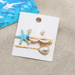Summer girls faux pearl earrings stud and starfish crystal shell hair clip sets for women