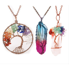 3pcs Amazon ins Handmade Charms Tourmaline Natural crystal Stone tree of life Round Pendant Necklace Jewelry for women