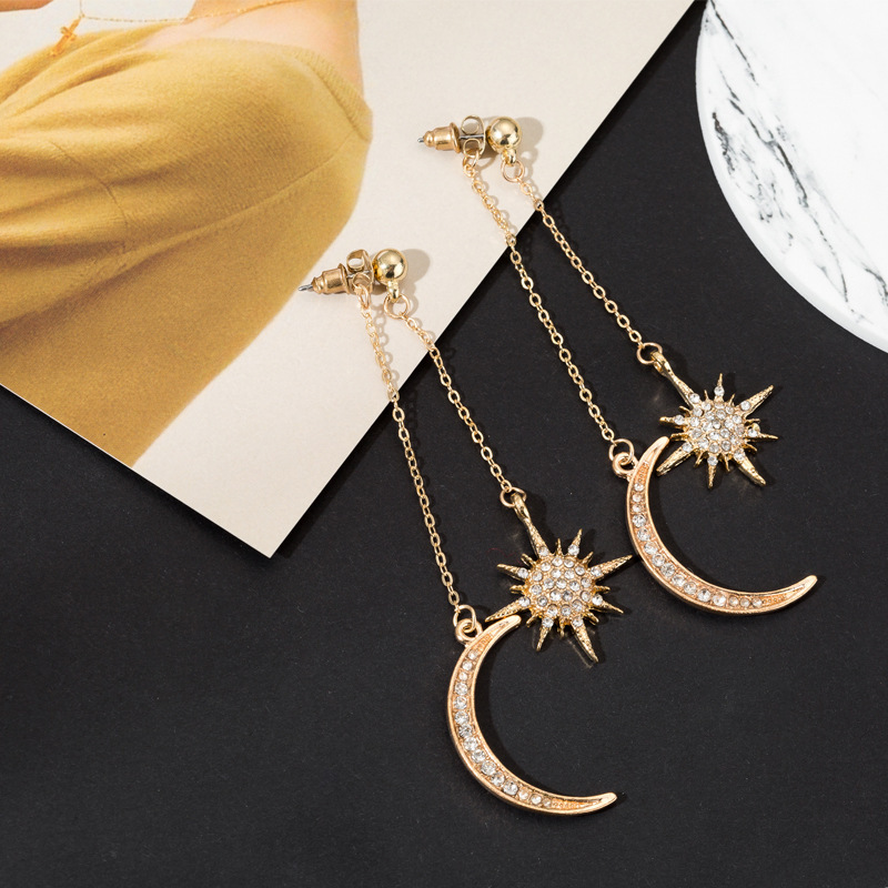 Fashion Crystal Rhinestone Star Moon Tassel Long Chain Dangle Ear Stud Earrings