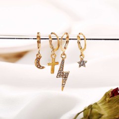 European and American 4pcs/set Lightning Cross Star Moon Gold-color Crystal Earrings
