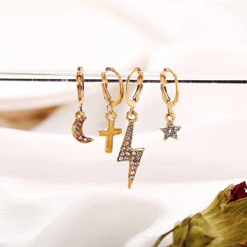European and American 4pcs/set Lightning Cross Star Moon Gold-color Crystal Earrings
