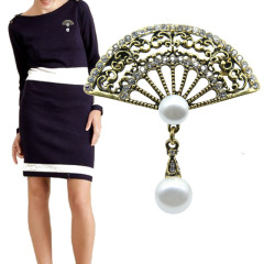 Chinese style fashion designer rhinestone pearl retro fan brooches for ladies Chinese style fashion designer rhinestone pearl retro fan brooches for ladies