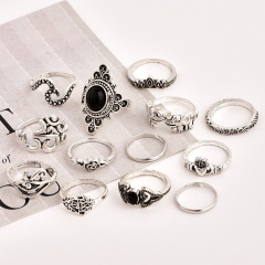 Fashion vintage silver boho Beach Ring Punk Hollow out jewel elephant opening ring set boho for girls women