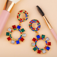 korean Customized fashion vintage round circle drop colorful rhinestone dangle earring jewelry for women lady girls