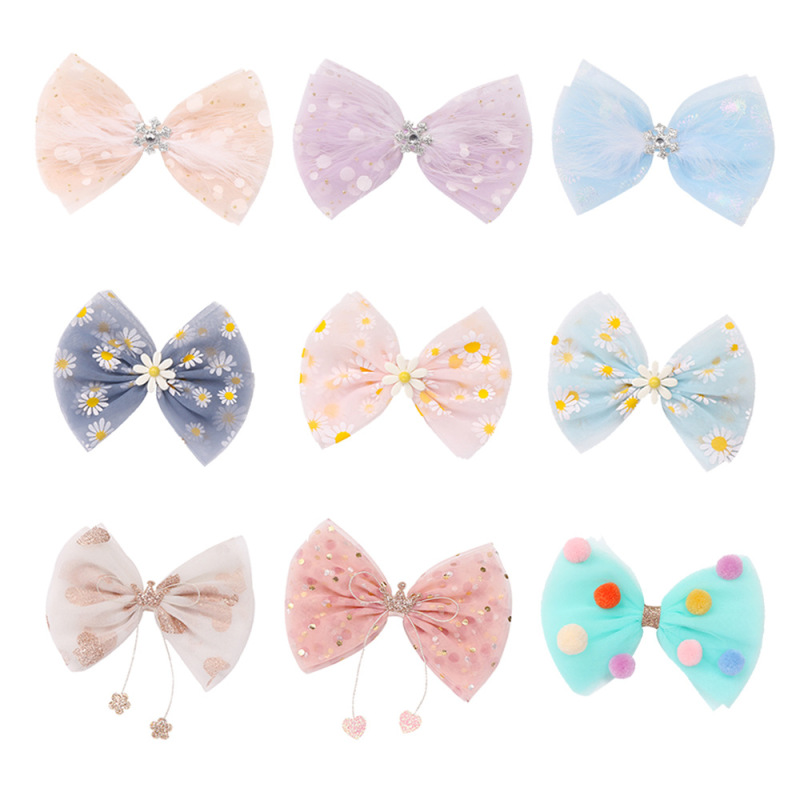Wholesale baby girls hair accessories daisy children's mesh crown bow hair clips Wholesale baby girls hair accessories daisy children's mesh crown bow hair clips