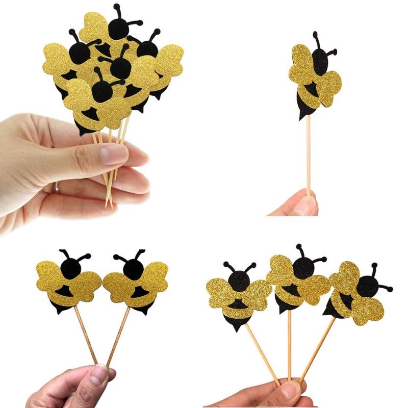 24pcs Cake Decor Glitter Bumble Bee Cake Topper Cupcakes Party Decoration