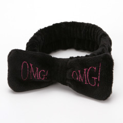 Wholesale Little Girl Pink Embroidered Coral Fleece Soft Bow Spa Headbands