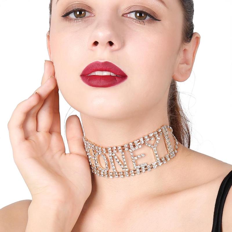 Fashion Punk Exaggeration Super Flash Night Club Rhinestone Letter HONEY Choker Necklace For Women Fashion Punk Exaggeration Super Flash Night Club Rhinestone Letter HONEY Choker Necklace For Women
