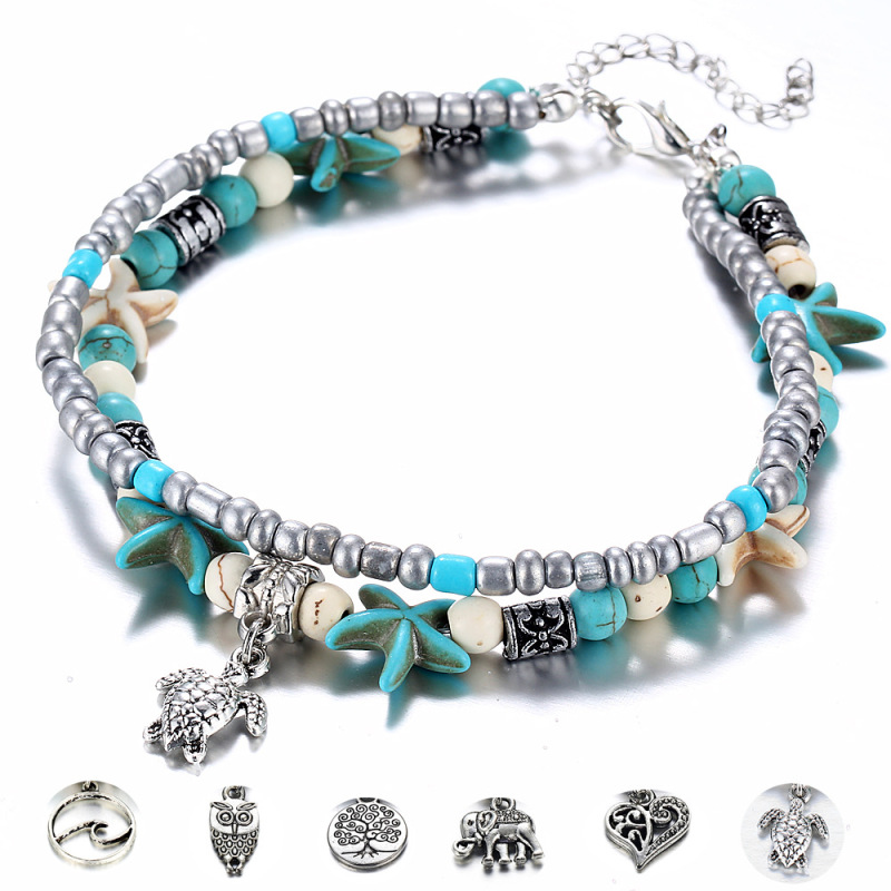 fancy Ins Amazon top sell Cheap Jewelry Chain Layer Rhinestone Bangle ocean shell turtle anklets