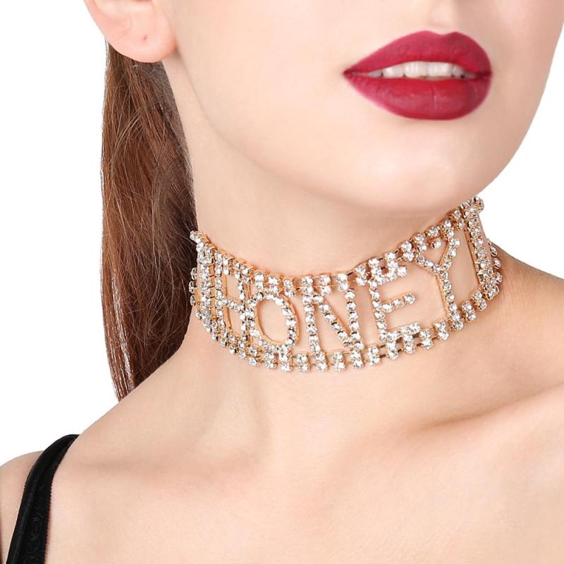 Fashion Punk Exaggeration Super Flash Night Club Rhinestone Letter HONEY Choker Necklace For Women Fashion Punk Exaggeration Super Flash Night Club Rhinestone Letter HONEY Choker Necklace For Women