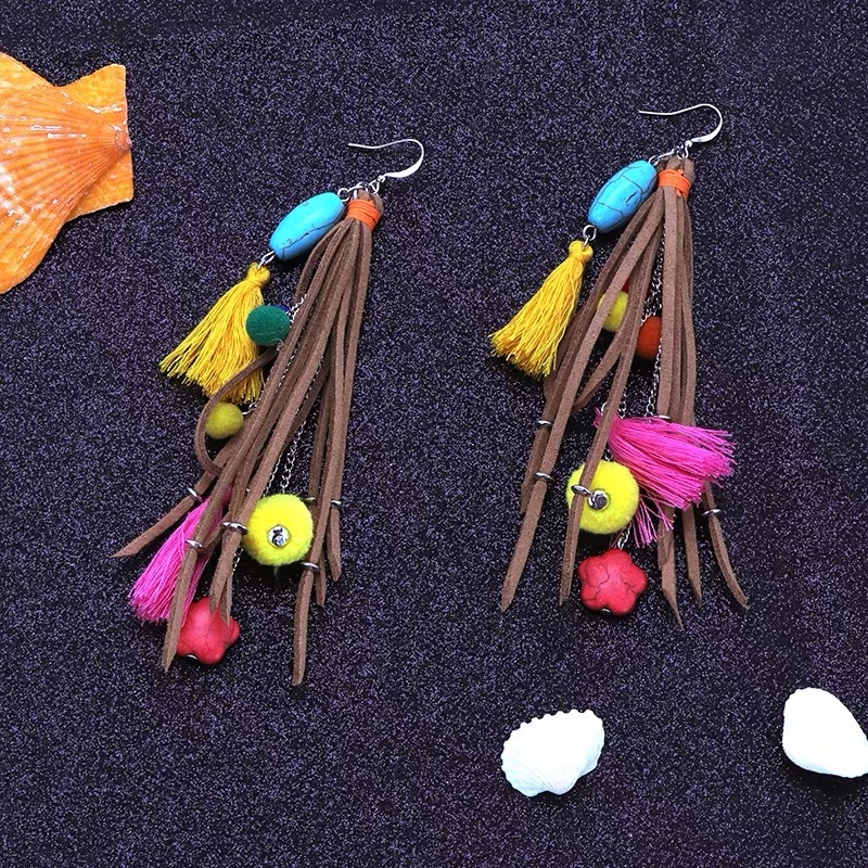 amazon ins custom fashion Boho style long suede leather colorful statement leather tassel earrings amazon ins custom fashion Boho style long suede leather colorful statement leather tassel earrings