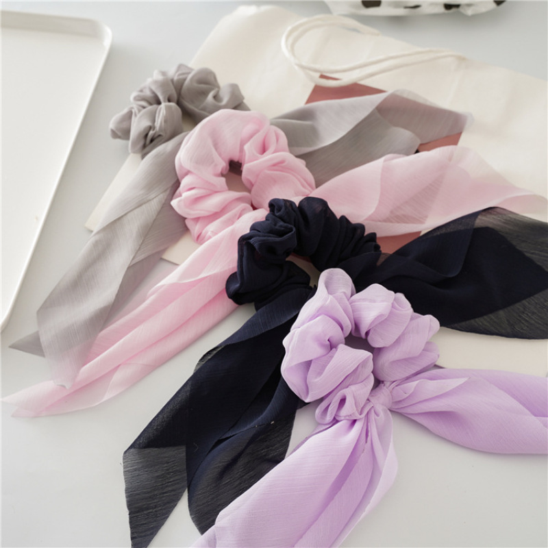 Wholesale Custom Girl  Ribbon Elastic Chiffon Long Ponytail Bow Scrunchies for Hair